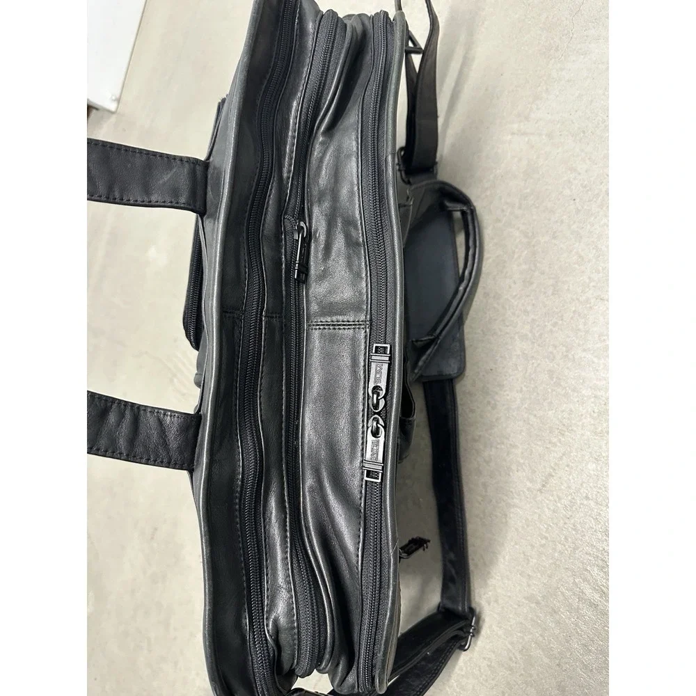 TUMI Alpha Black Nappa Leather Expandable Briefcase Laptop Bag Shoulder Strap